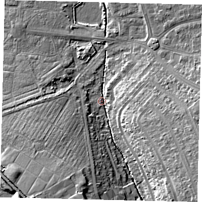 Shaded relief map of the ground around SM44NR, computed from Environment Agency LiDAR. The ground here sits at about 18 m above sea level and falls 17 m across the surrounding 800 m. Surface water reaching this point runs off ground lying to the south-east, 14.7 m higher.