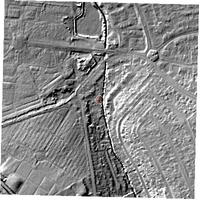 Shaded relief map of the ground around SM44NS, computed from Environment Agency LiDAR. The ground here sits at about 18 m above sea level and falls 17 m across the surrounding 800 m. Surface water reaching this point runs off ground lying to the south-east, 14.8 m higher.