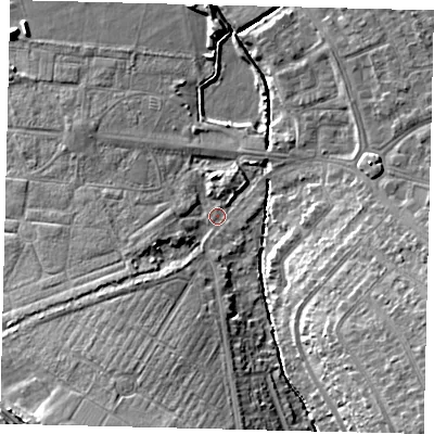 Shaded relief map of the ground around SM44NU, computed from Environment Agency LiDAR. The ground here sits at about 18 m above sea level and falls 16 m across the surrounding 800 m. Surface water reaching this point runs off ground lying to the south-east, 14.8 m higher.