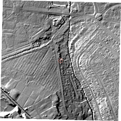 Shaded relief map of the ground around SM44NW, computed from Environment Agency LiDAR. The ground here sits at about 21 m above sea level and falls 21 m across the surrounding 800 m. Surface water reaching this point runs off ground lying to the south-south-west, 9.8 m higher.