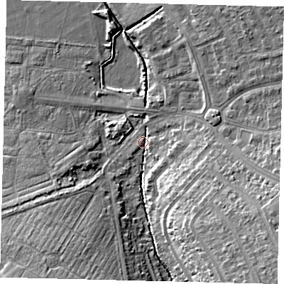 Shaded relief map of the ground around SM44NX, computed from Environment Agency LiDAR. The ground here sits at about 19 m above sea level and falls 16 m across the surrounding 800 m. Surface water reaching this point runs off ground lying to the south-south-east, 13.5 m higher.