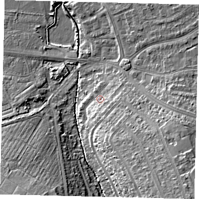 Shaded relief map of the ground around SM44NY, computed from Environment Agency LiDAR. The ground here sits at about 21 m above sea level and falls 18 m across the surrounding 800 m. Surface water reaching this point runs off ground lying to the south-south-east, 3.6 m higher.