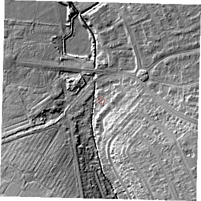 Shaded relief map of the ground around SM44PA, computed from Environment Agency LiDAR. The ground here sits at about 19 m above sea level and falls 17 m across the surrounding 800 m. Surface water reaching this point runs off ground lying to the south-east, 15.0 m higher.