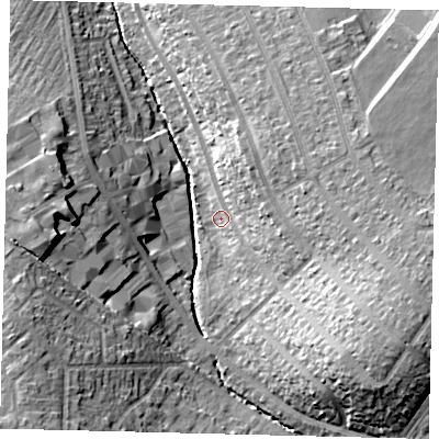 Shaded relief map of the ground around SM44RX, computed from Environment Agency LiDAR. The ground here sits at about 21 m above sea level and falls 21 m across the surrounding 800 m. Surface water reaching this point runs off ground lying to the east-south-east, 16.0 m higher.