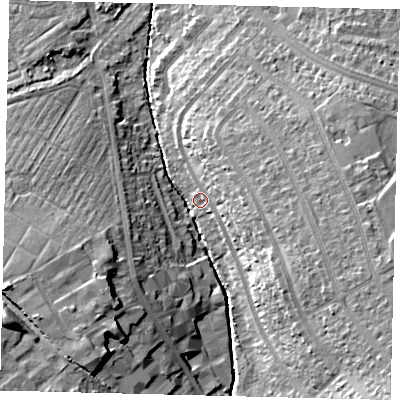 Shaded relief map of the ground around SM44RY, computed from Environment Agency LiDAR. The ground here sits at about 20 m above sea level and falls 20 m across the surrounding 800 m. Surface water reaching this point runs off ground lying to the east-south-east, 10.1 m higher.
