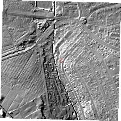 Shaded relief map of the ground around SM44RZ, computed from Environment Agency LiDAR. The ground here sits at about 21 m above sea level and falls 18 m across the surrounding 800 m. Surface water reaching this point runs off ground lying to the east, 5.0 m higher.