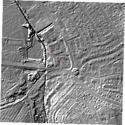 Shaded relief map of the ground around SM44SG, computed from Environment Agency LiDAR. The ground here sits at about 19 m above sea level and falls 14 m across the surrounding 800 m. Surface water reaching this point runs off ground lying to the east-north-east, 1.6 m higher.