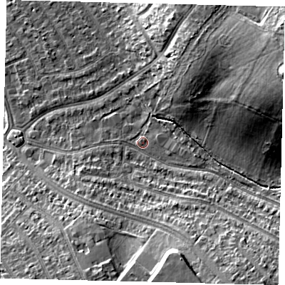 Shaded relief map of the ground around SM44SJ, computed from Environment Agency LiDAR. The ground here sits at about 21 m above sea level and falls 19 m across the surrounding 800 m. Surface water reaching this point runs off ground lying to the south-south-east, 11.7 m higher.