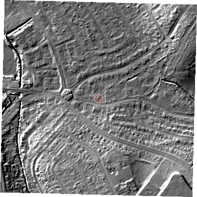Shaded relief map of the ground around SM44SS, computed from Environment Agency LiDAR. The ground here sits at about 21 m above sea level and falls 19 m across the surrounding 800 m. Surface water reaching this point runs off ground lying to the south-south-east, 4.2 m higher.