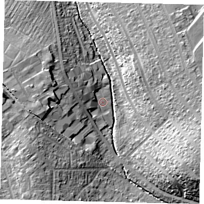 Shaded relief map of the ground around SM44TQ, computed from Environment Agency LiDAR. The ground here sits at about 20 m above sea level and falls 20 m across the surrounding 800 m. Surface water reaching this point runs off ground lying to the west, 12.0 m higher.
