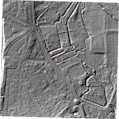 Shaded relief map of the ground around SM45JD, computed from Environment Agency LiDAR. The ground here sits at about 16 m above sea level and falls 8 m across the surrounding 800 m. Surface water reaching this point runs off ground lying to the south-south-east, 1.3 m higher.