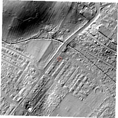 Shaded relief map of the ground around SM45PR, computed from Environment Agency LiDAR. The ground here sits at about 25 m above sea level and falls 18 m across the surrounding 800 m. Surface water reaching this point runs off ground lying to the east-north-east, 16.1 m higher.