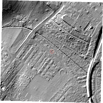 Shaded relief map of the ground around SM45QD, computed from Environment Agency LiDAR. The ground here sits at about 26 m above sea level and falls 21 m across the surrounding 800 m. Surface water reaching this point runs off ground lying to the east-north-east, 15.4 m higher.