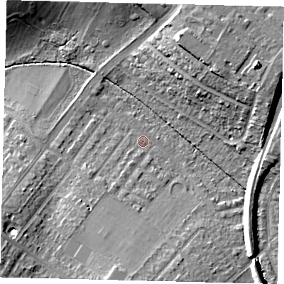 Shaded relief map of the ground around SM45QH, computed from Environment Agency LiDAR. The ground here sits at about 26 m above sea level and falls 21 m across the surrounding 800 m. Surface water reaching this point runs off ground lying to the south, 10.1 m higher.