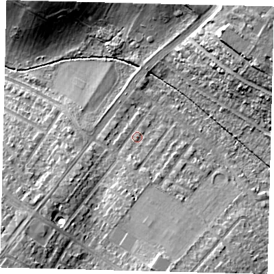 Shaded relief map of the ground around SM45QS, computed from Environment Agency LiDAR. The ground here sits at about 27 m above sea level and falls 18 m across the surrounding 800 m. Surface water reaching this point runs off ground lying to the south, 2.9 m higher.