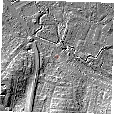 Shaded relief map of the ground around SM46AA, computed from Environment Agency LiDAR. The ground here sits at about 18 m above sea level and falls 14 m across the surrounding 800 m. Surface water reaching this point runs off ground lying to the south, 4.3 m higher.