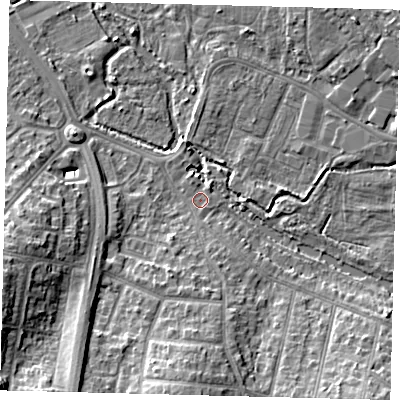 Shaded relief map of the ground around SM46AB, computed from Environment Agency LiDAR. The ground here sits at about 18 m above sea level and falls 13 m across the surrounding 800 m. Surface water reaching this point runs off ground lying to the north-east, 0.9 m higher.