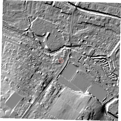 Shaded relief map of the ground around SM46AN, computed from Environment Agency LiDAR. The ground here sits at about 19 m above sea level and falls 19 m across the surrounding 800 m. Surface water reaching this point runs off ground lying to the south-west, 16.5 m higher.