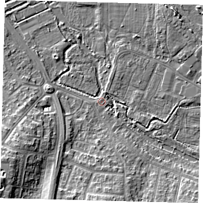 Shaded relief map of the ground around SM46AU, computed from Environment Agency LiDAR. The ground here sits at about 18 m above sea level and falls 13 m across the surrounding 800 m. Surface water reaching this point runs off ground lying to the east-south-east, 3.1 m higher.