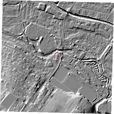 Shaded relief map of the ground around SM46AW, computed from Environment Agency LiDAR. The ground here sits at about 20 m above sea level and falls 19 m across the surrounding 800 m. Surface water reaching this point runs off ground lying to the north-east, 1.0 m higher.