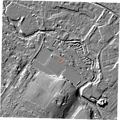 Shaded relief map of the ground around SM46BF, computed from Environment Agency LiDAR. The ground here sits at about 20 m above sea level and falls 20 m across the surrounding 800 m. Surface water reaching this point runs off ground lying to the south, 11.4 m higher.