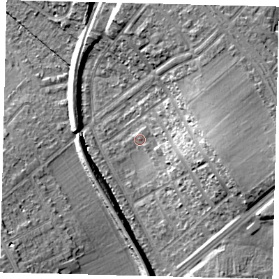 Shaded relief map of the ground around SM46FB, computed from Environment Agency LiDAR. The ground here sits at about 30 m above sea level and falls 21 m across the surrounding 800 m. Surface water reaching this point runs off ground lying to the east-south-east, 17.3 m higher.