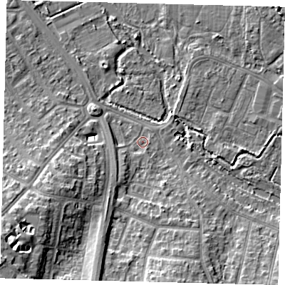 Shaded relief map of the ground around SM46JB, computed from Environment Agency LiDAR. The ground here sits at about 18 m above sea level and falls 15 m across the surrounding 800 m. Surface water reaching this point runs off ground lying to the south, 9.1 m higher.