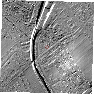 Shaded relief map of the ground around SM46LP, computed from Environment Agency LiDAR. The ground here sits at about 29 m above sea level and falls 21 m across the surrounding 800 m. Surface water reaching this point runs off ground lying to the east-south-east, 18.2 m higher.