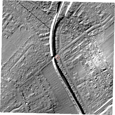 Shaded relief map of the ground around SM46LS, computed from Environment Agency LiDAR. The ground here sits at about 29 m above sea level and falls 20 m across the surrounding 800 m. Surface water reaching this point runs off ground lying to the east, 17.0 m higher.