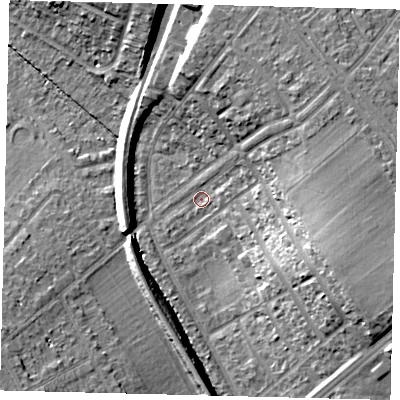 Shaded relief map of the ground around SM46LT, computed from Environment Agency LiDAR. The ground here sits at about 29 m above sea level and falls 21 m across the surrounding 800 m. Surface water reaching this point runs off ground lying to the east-south-east, 17.6 m higher.