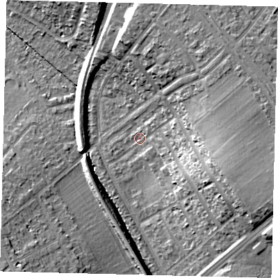 Shaded relief map of the ground around SM46LZ, computed from Environment Agency LiDAR. The ground here sits at about 29 m above sea level and falls 21 m across the surrounding 800 m. Surface water reaching this point runs off ground lying to the east-south-east, 17.2 m higher.