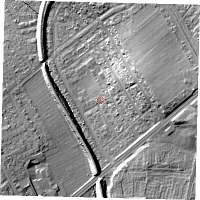 Shaded relief map of the ground around SM46NH, computed from Environment Agency LiDAR. The ground here sits at about 31 m above sea level and falls 21 m across the surrounding 800 m. Surface water reaching this point runs off ground lying to the east, 6.4 m higher.