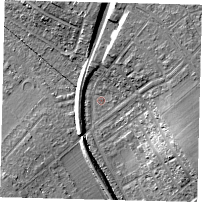 Shaded relief map of the ground around SM46NX, computed from Environment Agency LiDAR. The ground here sits at about 29 m above sea level and falls 21 m across the surrounding 800 m. Surface water reaching this point runs off ground lying to the south-west, 6.7 m higher.