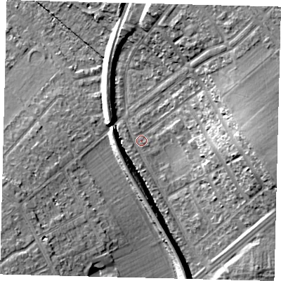 Shaded relief map of the ground around SM46NY, computed from Environment Agency LiDAR. The ground here sits at about 29 m above sea level and falls 20 m across the surrounding 800 m. Surface water reaching this point runs off ground lying to the east, 16.3 m higher.