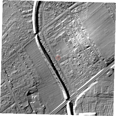 Shaded relief map of the ground around SM46PD, computed from Environment Agency LiDAR. The ground here sits at about 30 m above sea level and falls 20 m across the surrounding 800 m. Surface water reaching this point runs off ground lying to the east, 16.1 m higher.