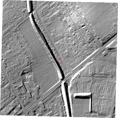Shaded relief map of the ground around SM46PF, computed from Environment Agency LiDAR. The ground here sits at about 31 m above sea level and falls 19 m across the surrounding 800 m. Surface water reaching this point runs off ground lying to the east-north-east, 16.2 m higher.