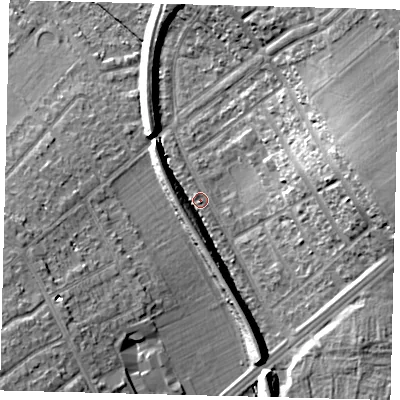 Shaded relief map of the ground around SM46PG, computed from Environment Agency LiDAR. The ground here sits at about 30 m above sea level and falls 20 m across the surrounding 800 m. Surface water reaching this point runs off ground lying to the east, 16.2 m higher.