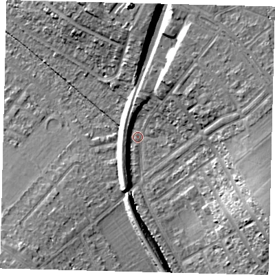 Shaded relief map of the ground around SM46PQ, computed from Environment Agency LiDAR. The ground here sits at about 28 m above sea level and falls 20 m across the surrounding 800 m. Surface water reaching this point runs off ground lying to the south-south-west, 7.4 m higher.