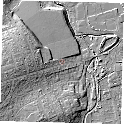 Shaded relief map of the ground around SM51HU, computed from Environment Agency LiDAR. The ground here sits at about 27 m above sea level and falls 18 m across the surrounding 800 m. Surface water reaching this point runs off ground lying to the west-south-west, 11.9 m higher.