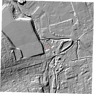 Shaded relief map of the ground around SM51HZ, computed from Environment Agency LiDAR. The ground here sits at about 22 m above sea level and falls 16 m across the surrounding 800 m. Surface water reaching this point runs off ground lying to the west-south-west, 6.9 m higher.
