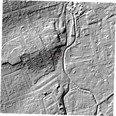 Shaded relief map of the ground around SM51PD, computed from Environment Agency LiDAR. The ground here sits at about 25 m above sea level and falls 16 m across the surrounding 800 m. Surface water reaching this point runs off ground lying to the west-north-west, 7.6 m higher.