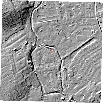 Shaded relief map of the ground around SM52AY, computed from Environment Agency LiDAR. The ground here sits at about 24 m above sea level and falls 10 m across the surrounding 800 m. Surface water reaching this point runs off ground lying to the south-east, 1.1 m higher.