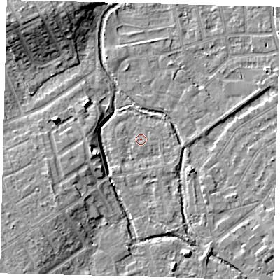 Shaded relief map of the ground around SM52AZ, computed from Environment Agency LiDAR. The ground here sits at about 24 m above sea level and falls 11 m across the surrounding 800 m. The ground contributing surface water to this point lies to the south-east.