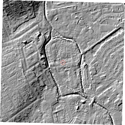 Shaded relief map of the ground around SM52BA, computed from Environment Agency LiDAR. The ground here sits at about 24 m above sea level and falls 11 m across the surrounding 800 m. Surface water reaching this point runs off ground lying to the south-south-east, 2.5 m higher.