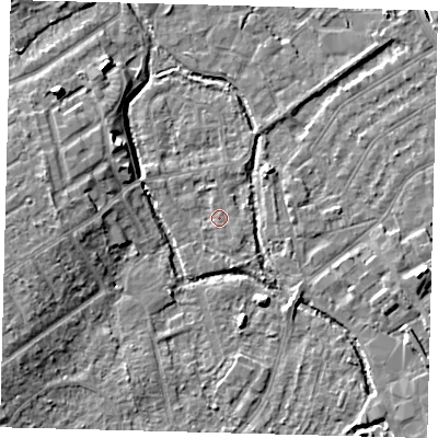 Shaded relief map of the ground around SM52BB, computed from Environment Agency LiDAR. The ground here sits at about 25 m above sea level and falls 9 m across the surrounding 800 m. Surface water reaching this point runs off ground lying to the south-south-east, 2.1 m higher.