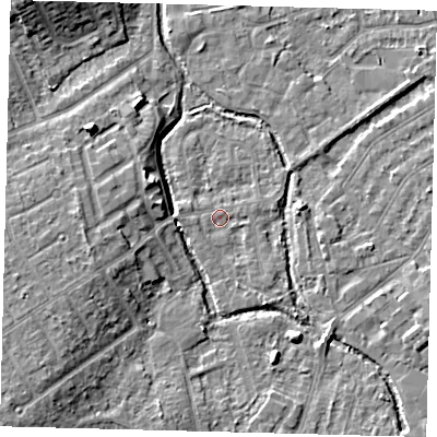 Shaded relief map of the ground around SM52BD, computed from Environment Agency LiDAR. The ground here sits at about 25 m above sea level and falls 9 m across the surrounding 800 m. Surface water reaching this point runs off ground lying to the south-south-east, 2.3 m higher.
