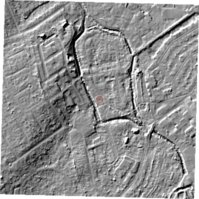Shaded relief map of the ground around SM52BE, computed from Environment Agency LiDAR. The ground here sits at about 25 m above sea level and falls 11 m across the surrounding 800 m. Surface water reaching this point runs off ground lying to the south-west, 8.6 m higher.
