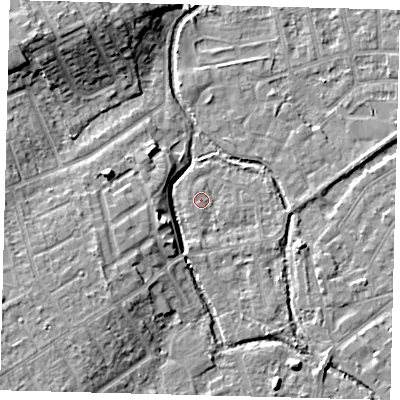 Shaded relief map of the ground around SM52BG, computed from Environment Agency LiDAR. The ground here sits at about 24 m above sea level and falls 11 m across the surrounding 800 m. Surface water reaching this point runs off ground lying to the south-south-east, 2.5 m higher.
