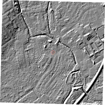 Shaded relief map of the ground around SM52DE, computed from Environment Agency LiDAR. The ground here sits at about 26 m above sea level and falls 10 m across the surrounding 800 m. Surface water reaching this point runs off ground lying to the south-south-east, 9.4 m higher.