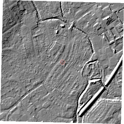 Shaded relief map of the ground around SM52EN, computed from Environment Agency LiDAR. The ground here sits at about 26 m above sea level and falls 12 m across the surrounding 800 m. Surface water reaching this point runs off ground lying to the south-west, 5.8 m higher.